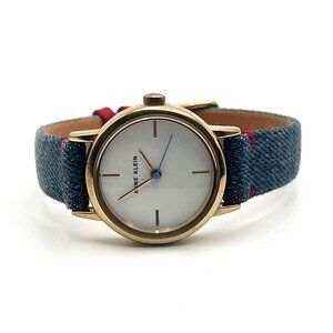 Anne Klein Trendy Light Wash Denim Watch with Leather Band Red Accents *Works